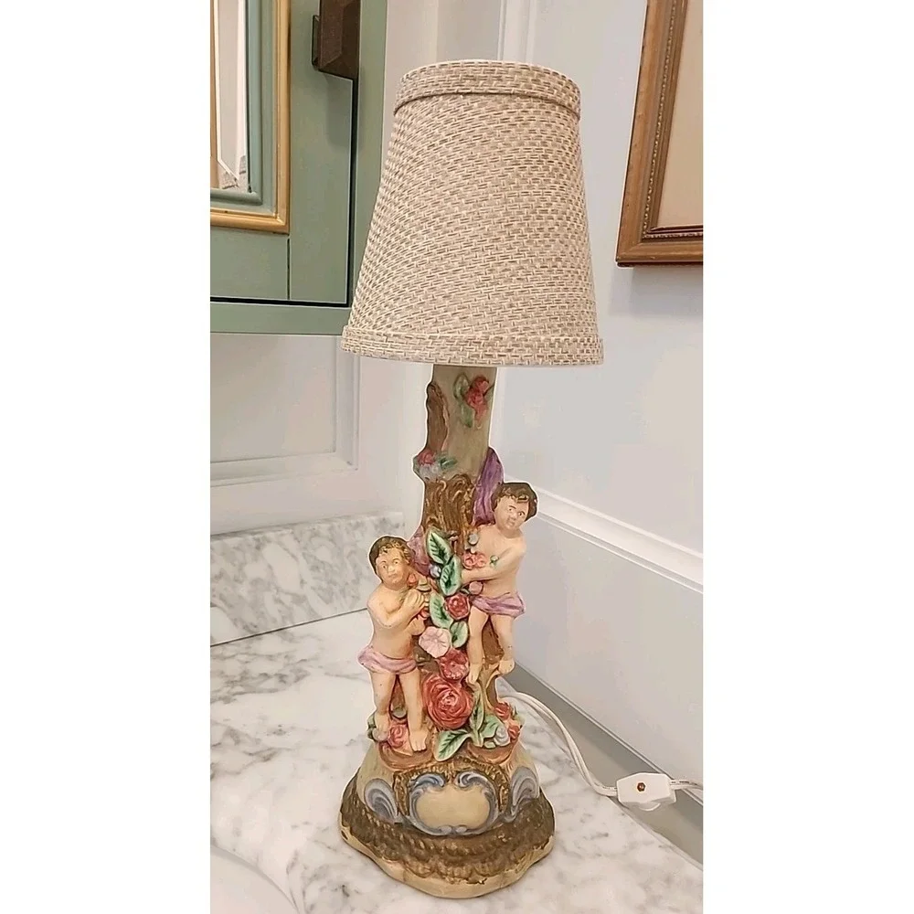 Vtg Capodimonte-style Cherub Candlestick Table Lamp Shade 17